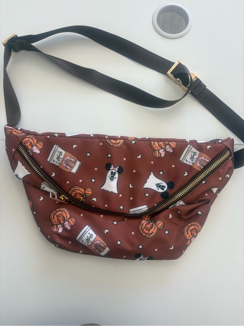 Halloween Print Brown Crossbody Belt Bag with Gold Zipper